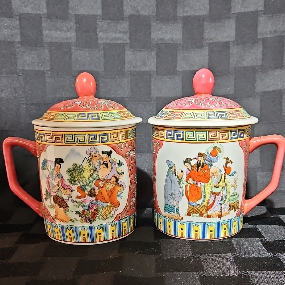 Gorgeous Chinese Mun Shou Longevity Famille Rose Coffee Tea Mugs with Cover Lids